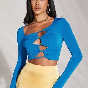 NWOT Asymmetrical Neck Cut Out Crop Tee in Blue Size Small